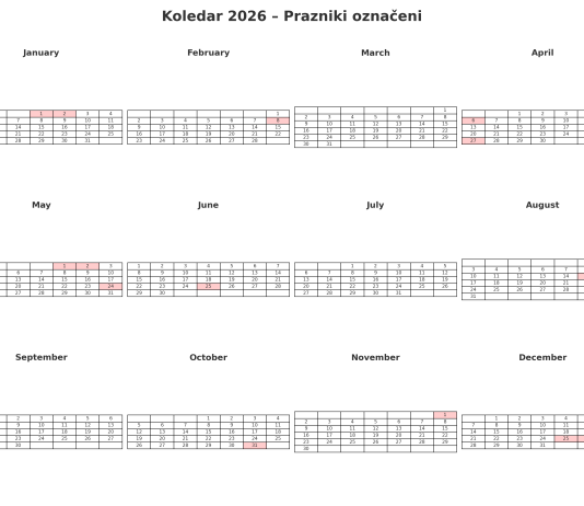 Koledar 2026 in dela prosti dnevi v Sloveniji